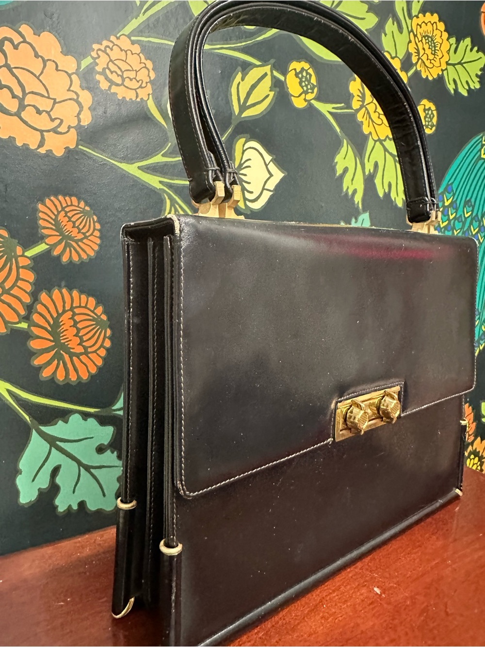 Vintage 1960s Black Structured Top Handle Bag with Red Interior - Picture 6 of 12